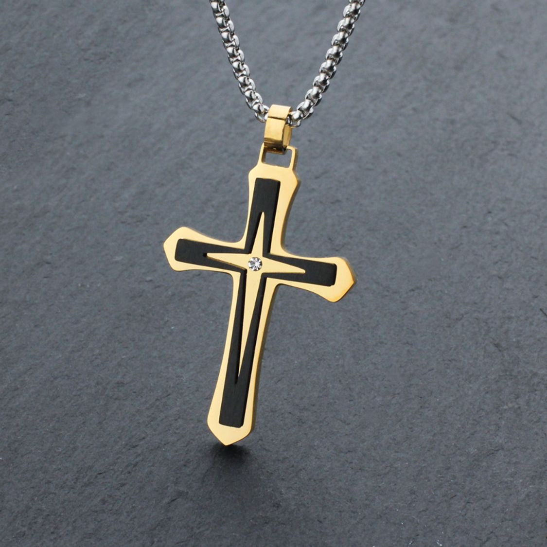 Collar de Crucifijo en Cadena de Caja, Joyería de Hombre en Acero Inoxidable - Vanytel