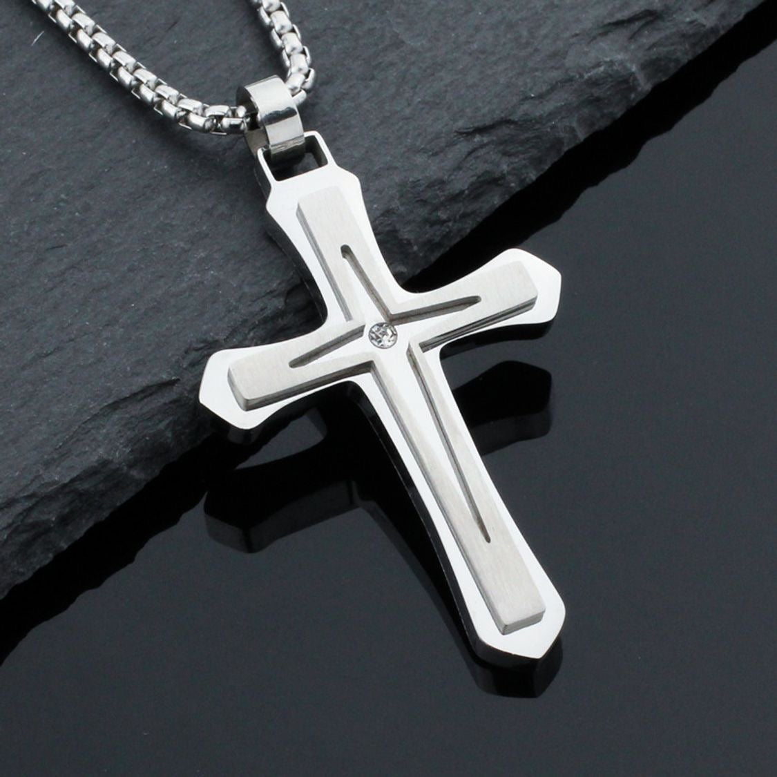 Collar de Crucifijo en Cadena de Caja, Joyería de Hombre en Acero Inoxidable - Vanytel