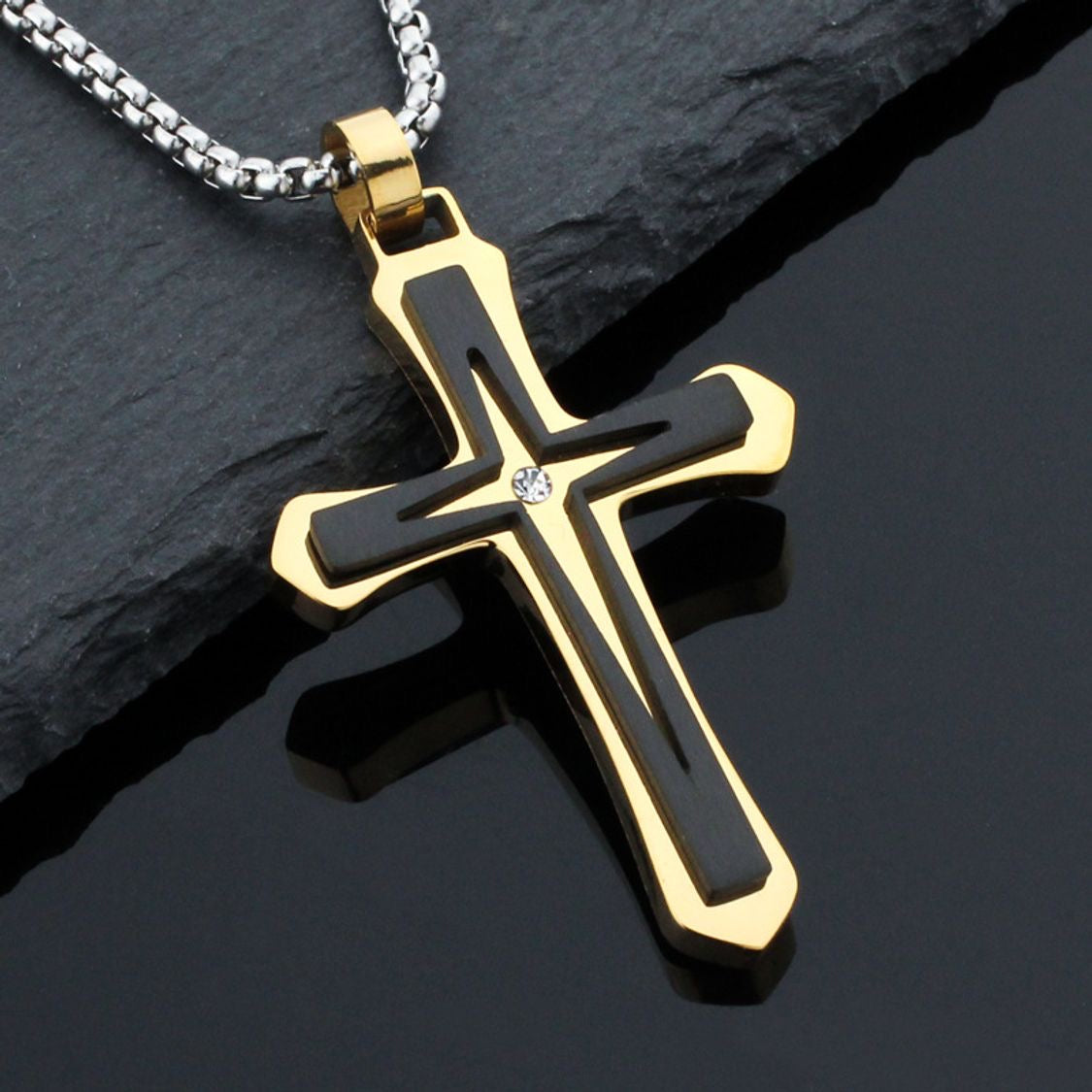 Collar de Crucifijo en Cadena de Caja, Joyería de Hombre en Acero Inoxidable - Vanytel