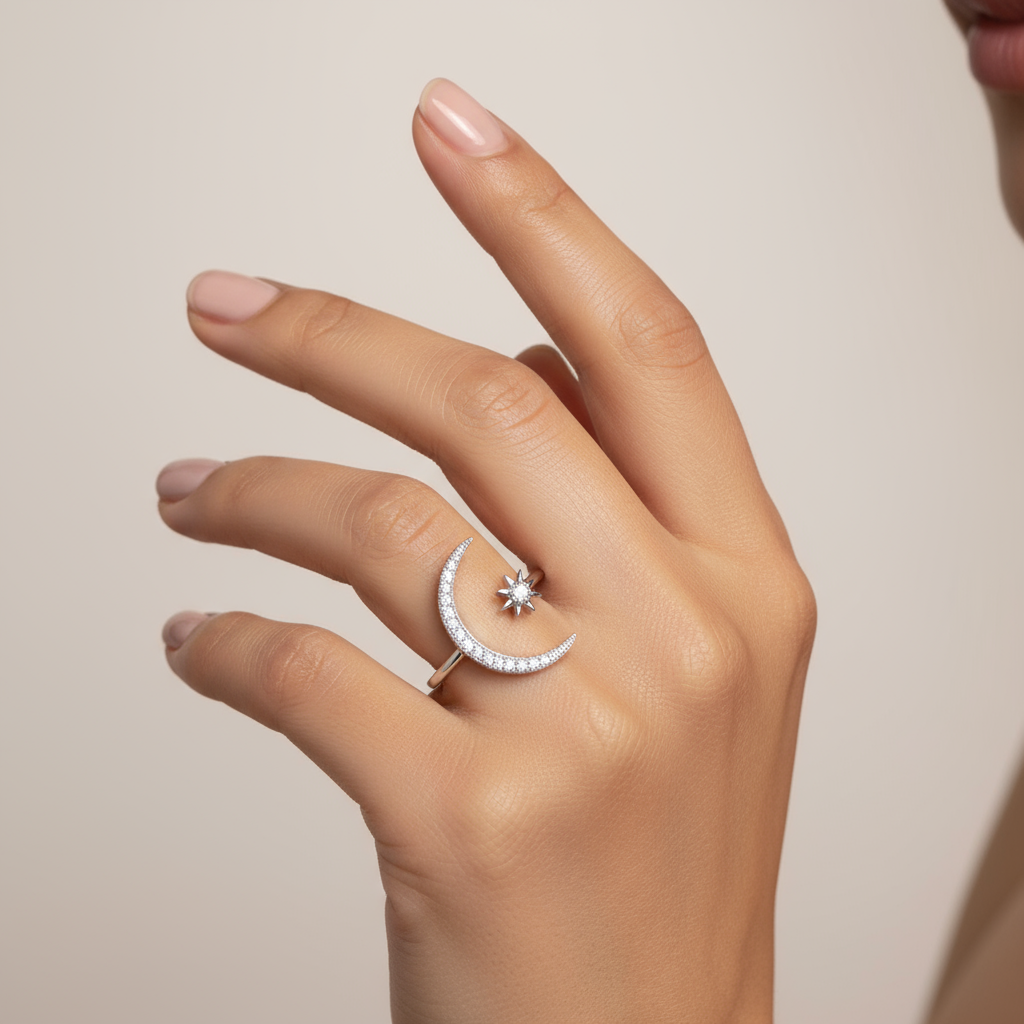 Anillo Luna y Estrella en plata esterlina 925 ajustable, mostrado en la mano de una mujer, joyería fina moderna de Vanytel.