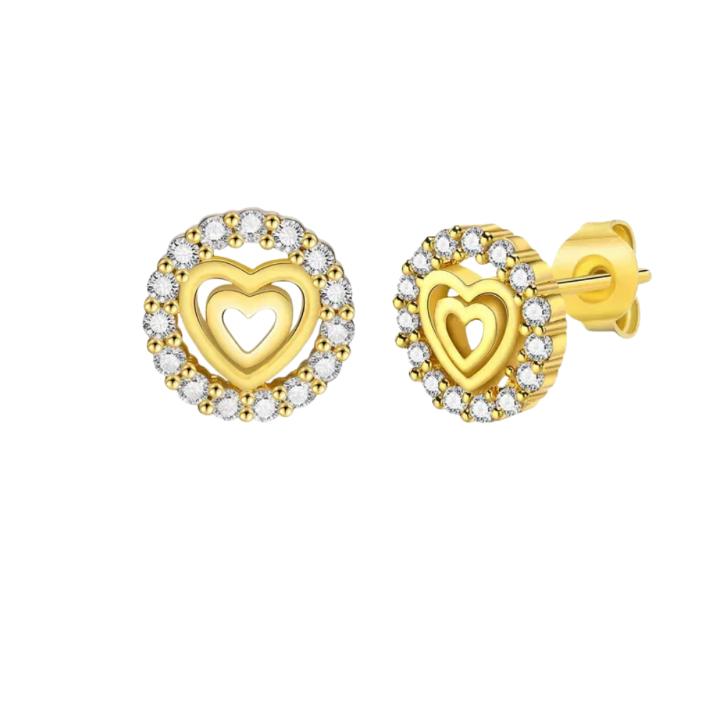 Aretes en forma de circulo con zirconia y corazón en el centro dorado, acero inoxidable Vanytel