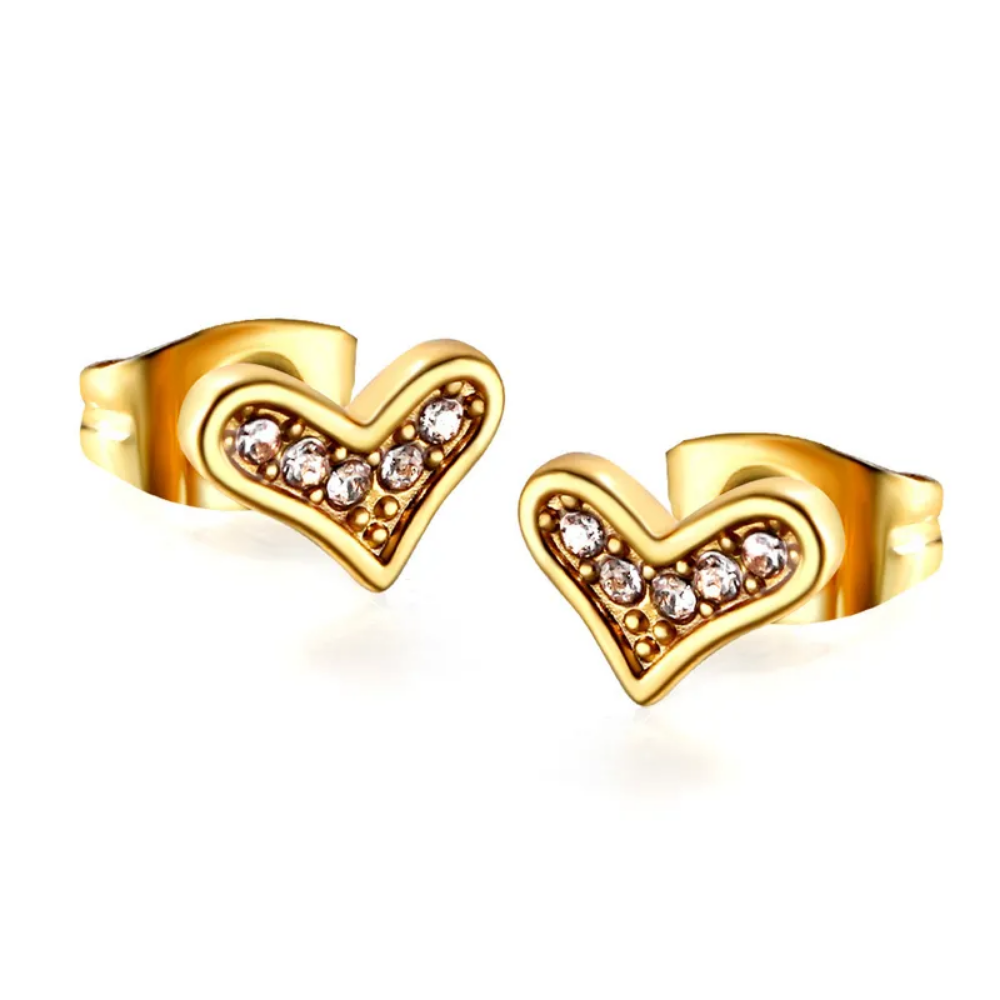 Aretes en forma de corazón dorado con zirconia, acero inoxidable Vanytel