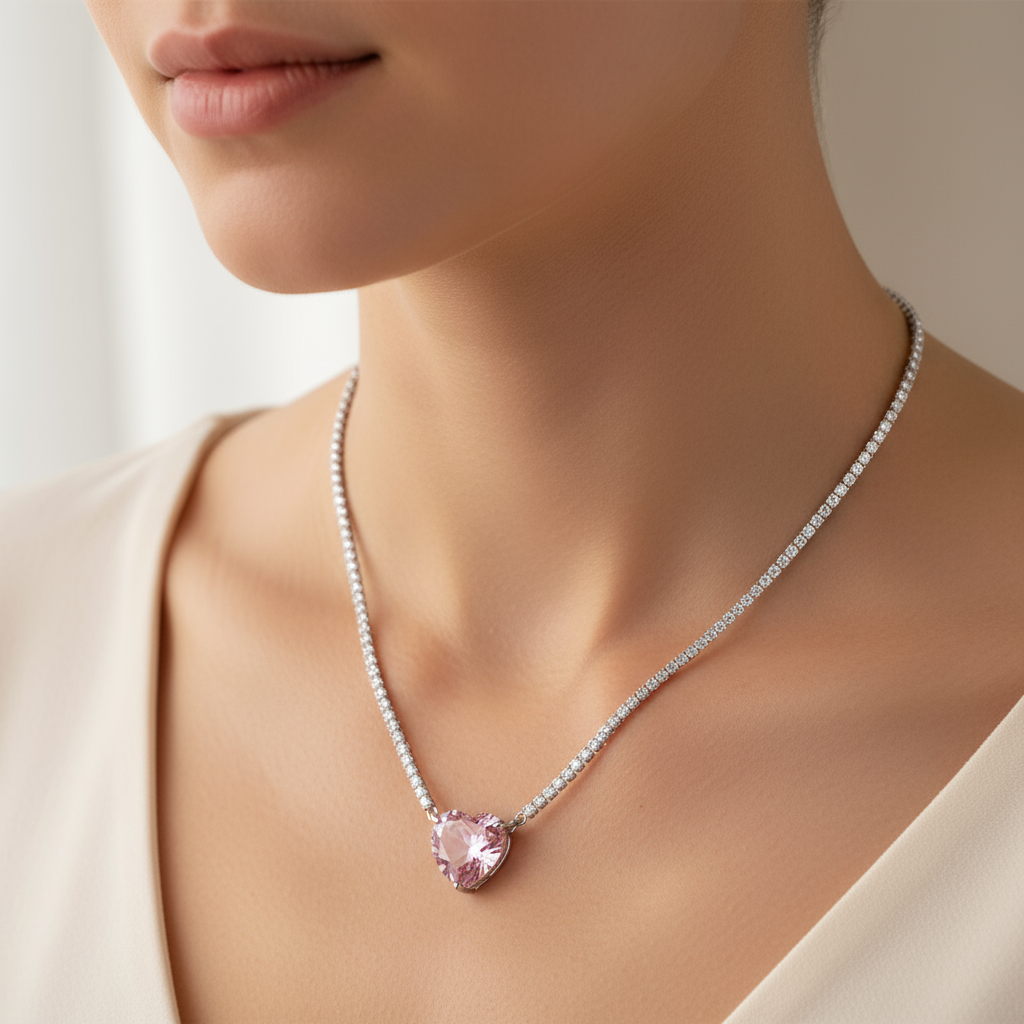 Modelo usando collar corazón rosa con cadena tipo tennis en plata esterlina 925, joyería elegante de Vanytel.
