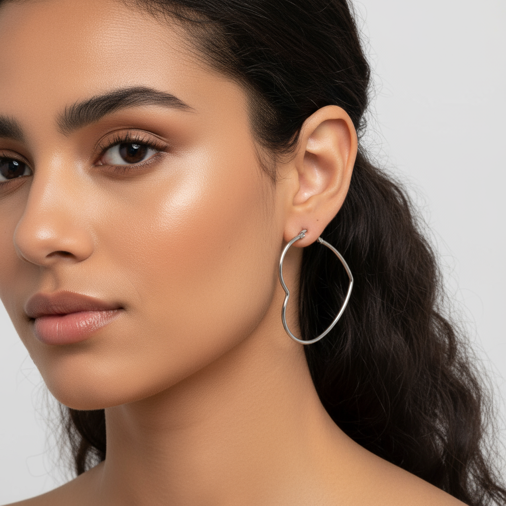 Modelo luciendo hoops de corazones plateadas en acero inoxidable, Vanytel.