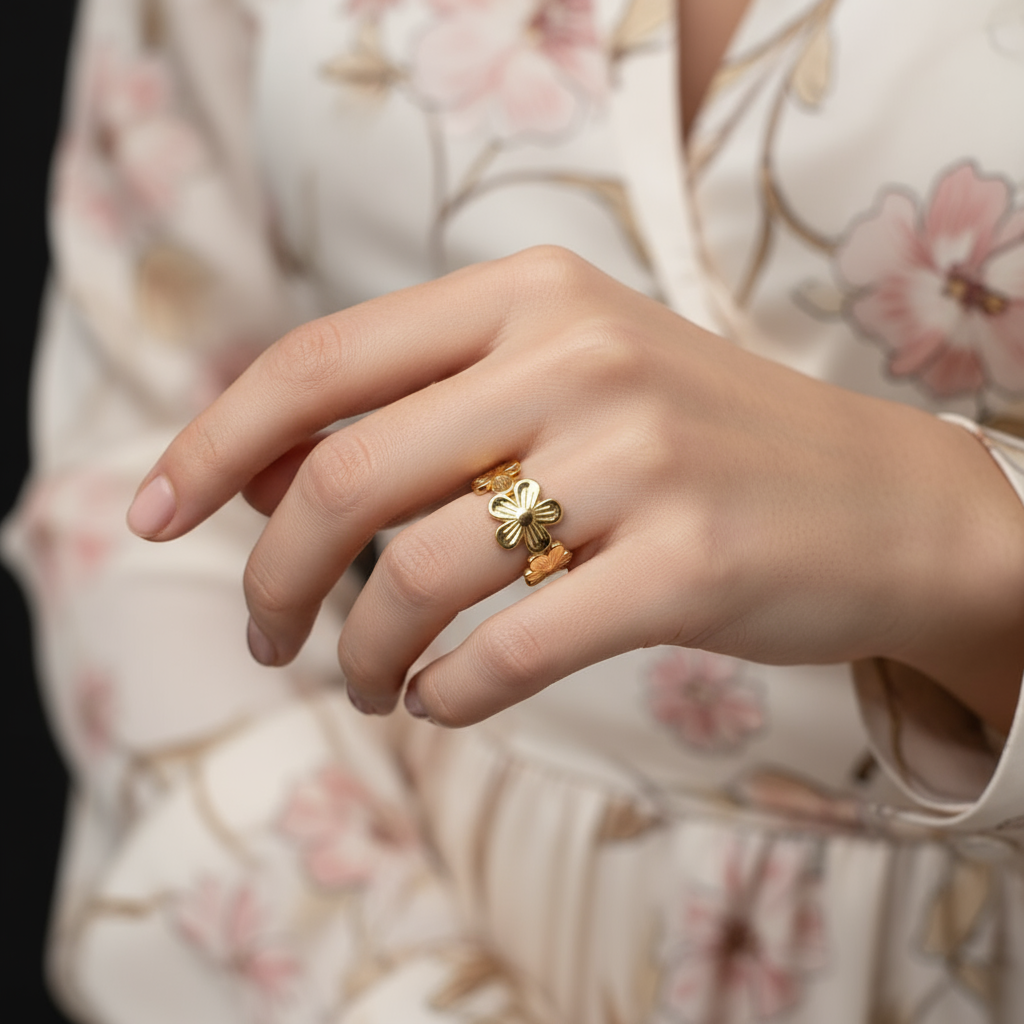 Flowers Adjustable Ring, Women's Gold Stainles Steel Ring