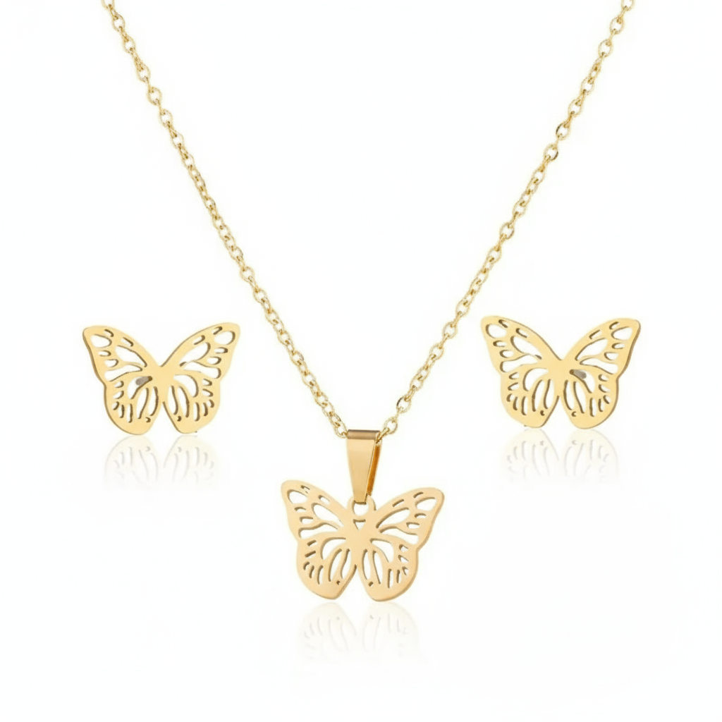 Set de collar y aretes con mariposas doradas de acero inoxidable Vanytel, fondo blanco.