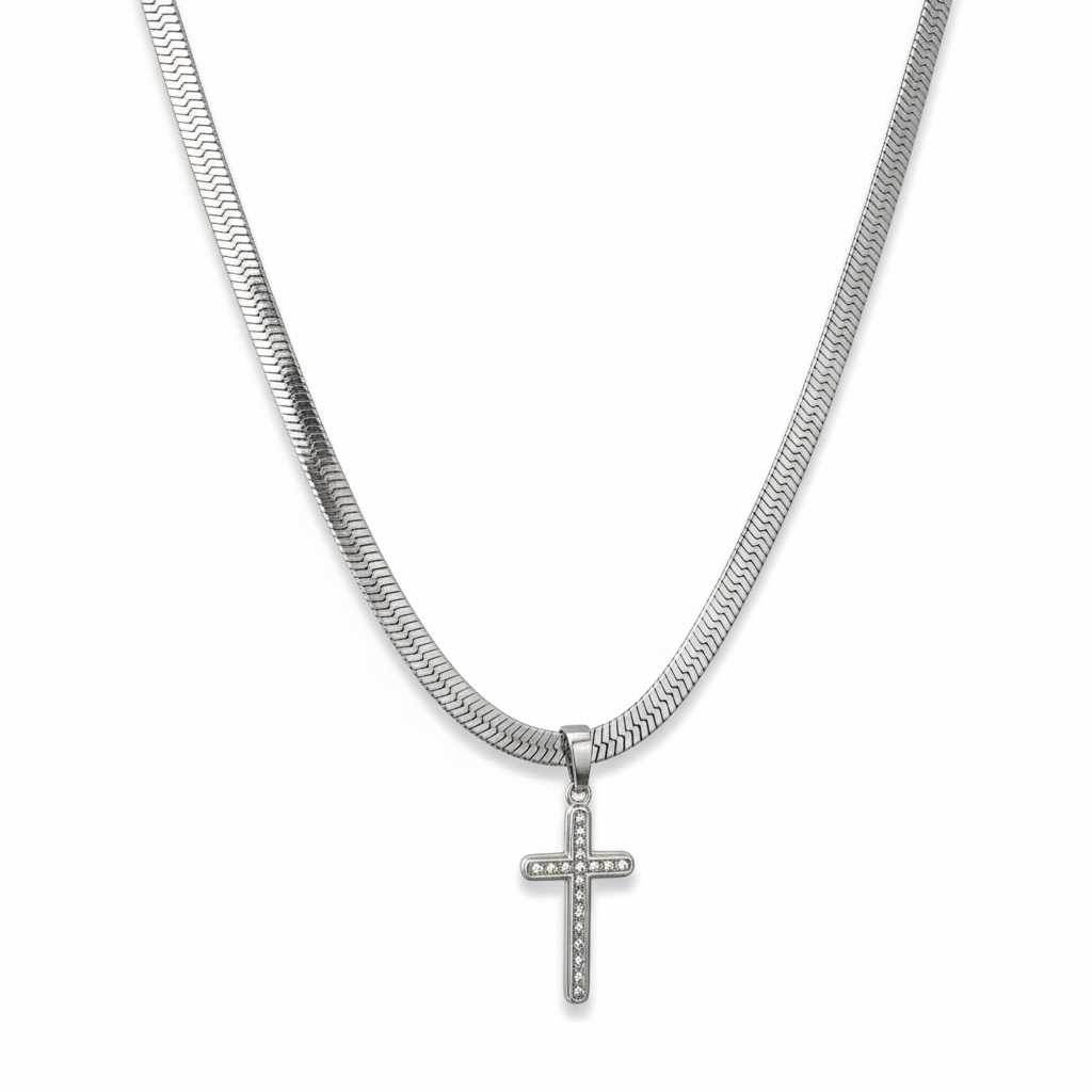 Cadena Snake con Dije de Cruz Plateada para Hombre en Acero Inoxidable | Vanytel