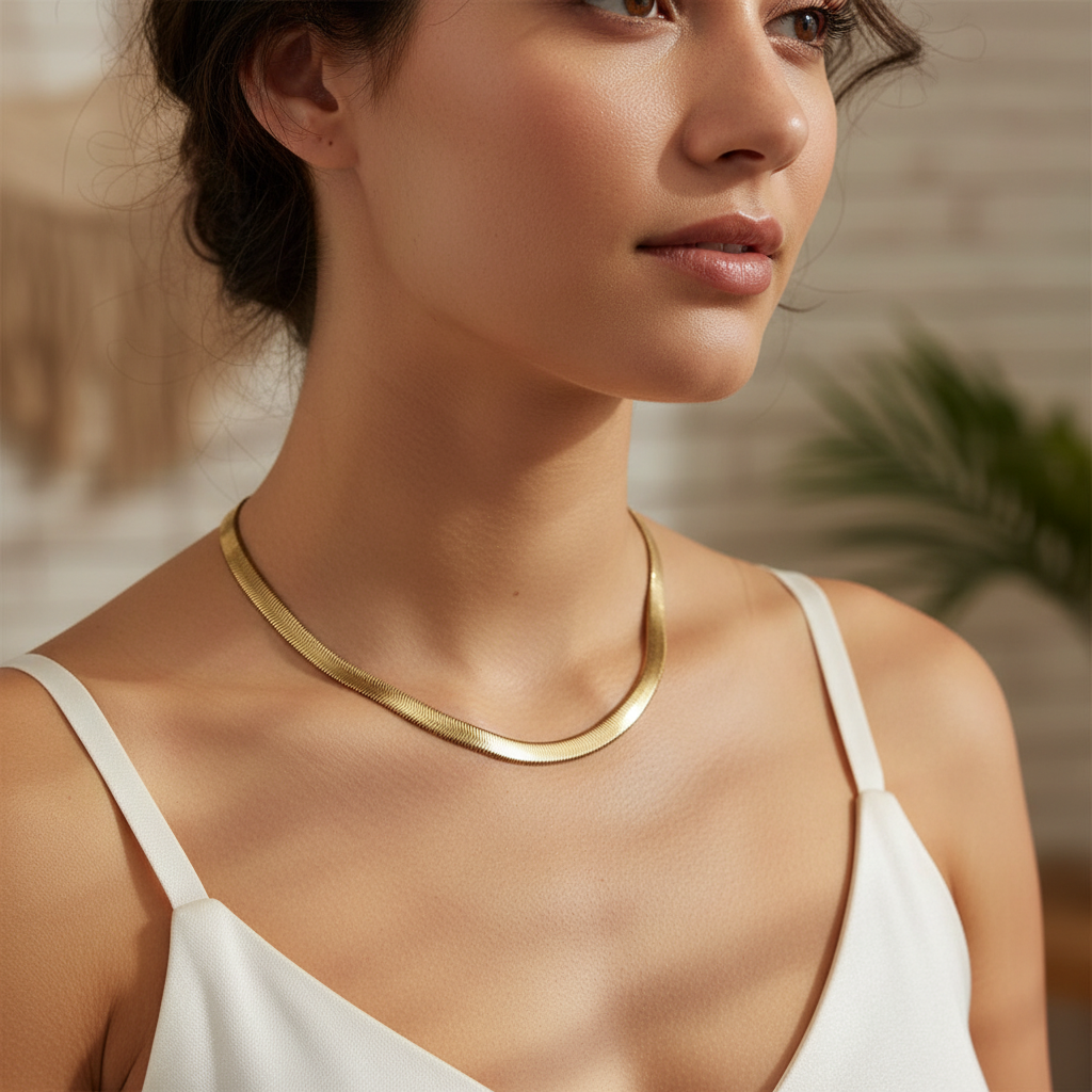 Collar Medusa Herringbone Dorado en Acero Inoxidable para Mujer | Vanytel