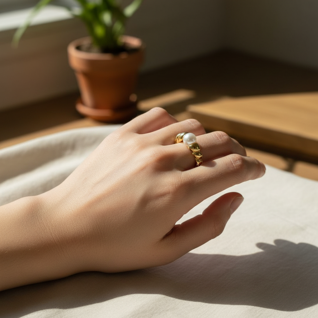 Croissant Pearl Ring, Woman, Gold Stainless Steel