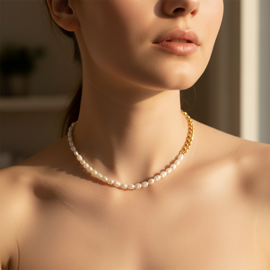 Collar Orly OT de Perla Natural y Cadena Cubana en Acero Inoxidable para Mujer | Vanytel