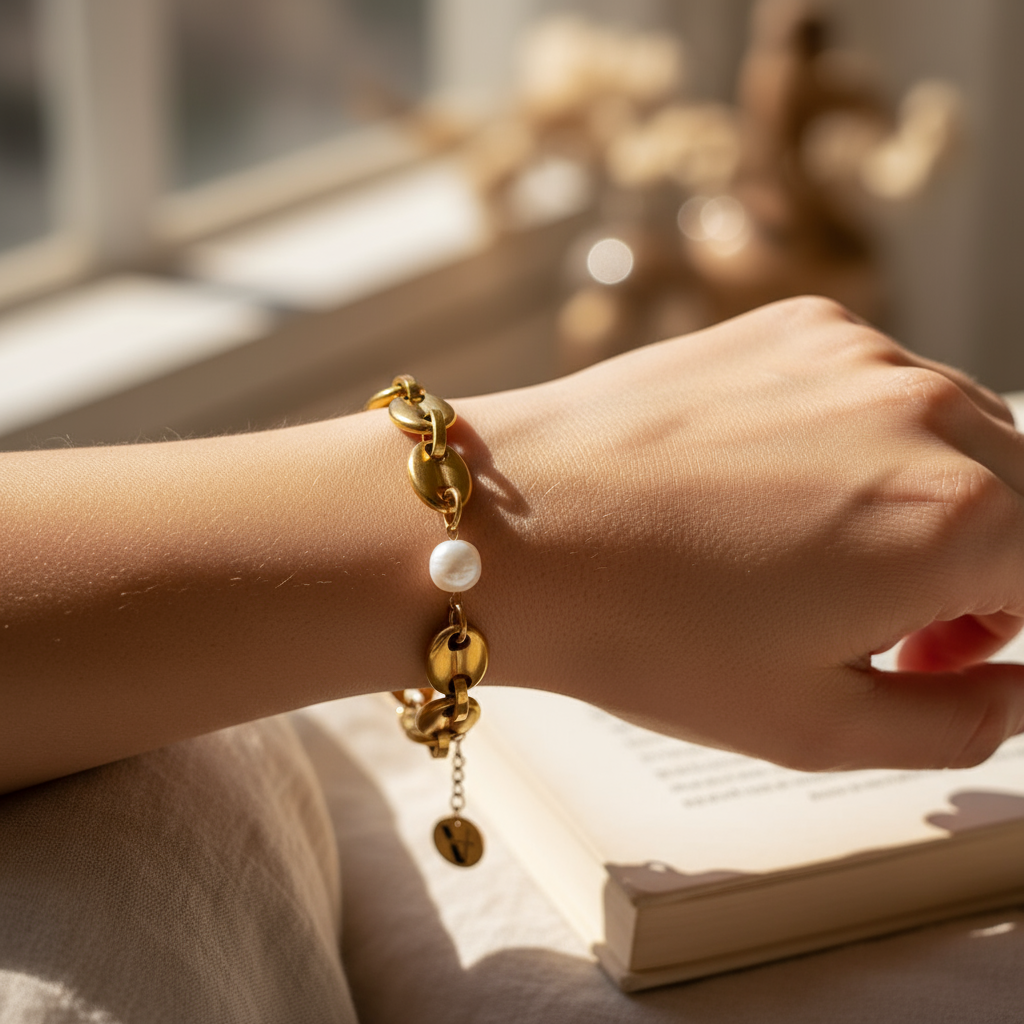 Pulsera GG Tag Pearl Dorada para Mujer en Acero Inoxidable | Vanytel