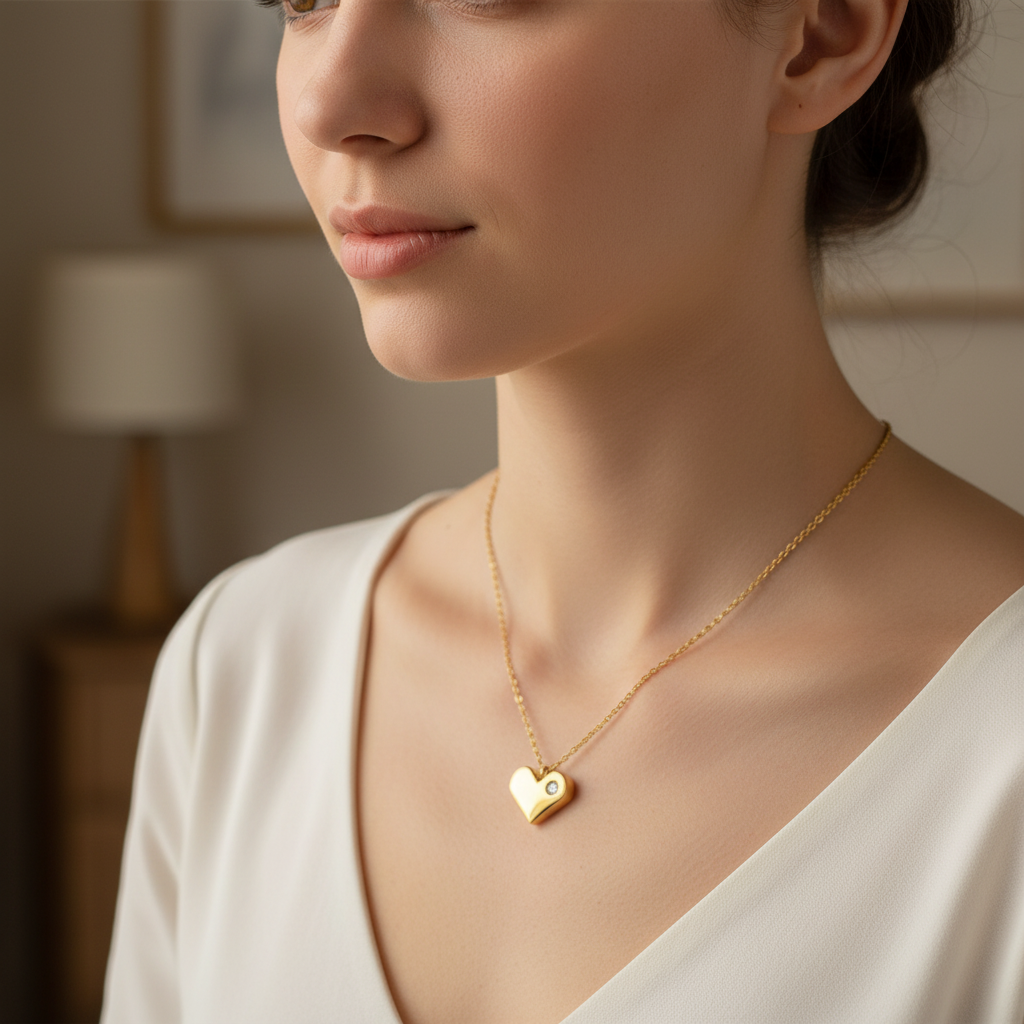 Tiny Heart Gold Necklace with Cubic Zirconia in Stainless Steel for Women | Vanytel