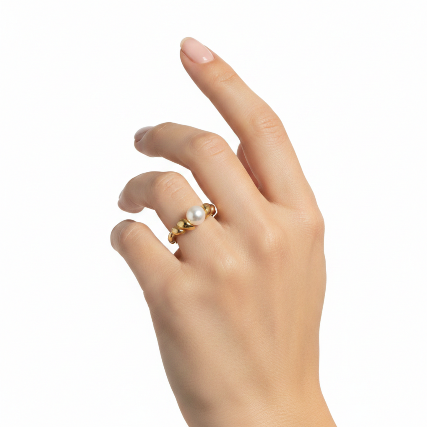 Woman wearing the Croissant Pearl Ring in 18K Gold Plated Stainless Steel