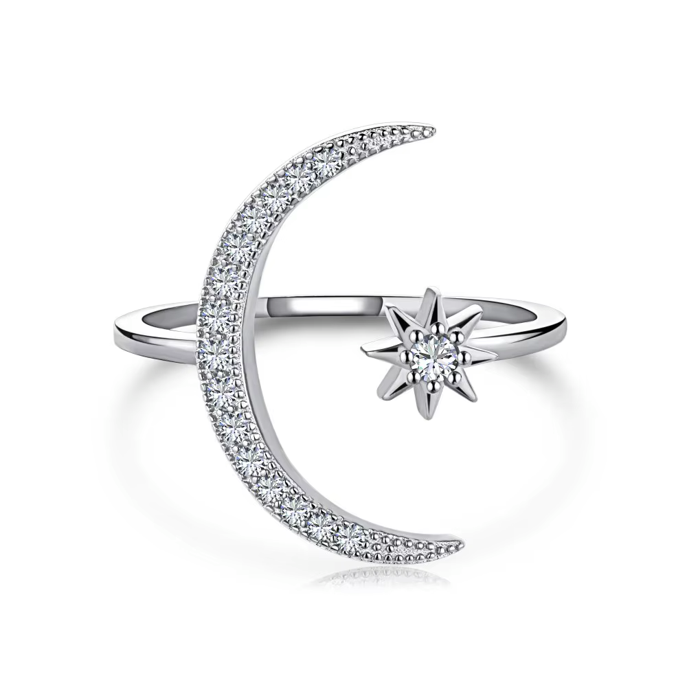 Anillo ajustable Luna y Estrella en plata esterlina 925 con zirconia brillante, joyería fina femenina de Vanytel.