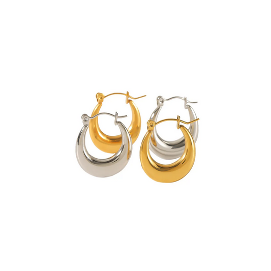 Aros Greta dorados y plateados Vanytel elaborados en acero inoxidable, estilo clásico y elegante.
