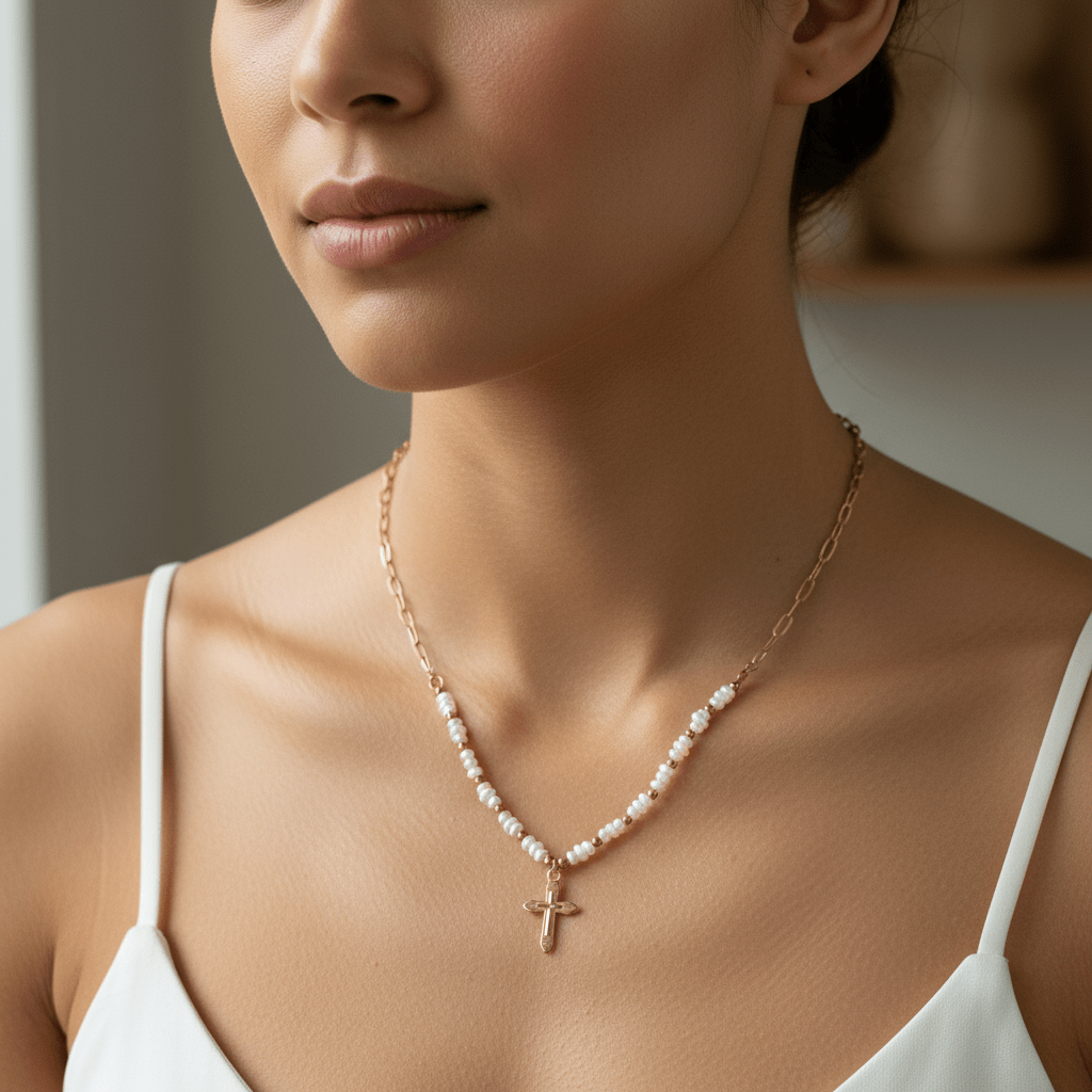 Collar Crucecita con Perlas y Dije de Cruz Dorado en Acero Inoxidable – Mujer | Vanytel - VANYTEL - Vanytel