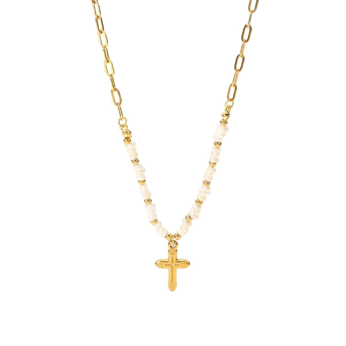 Collar Crucecita con Perlas y Dije de Cruz Dorado en Acero Inoxidable – Mujer | Vanytel - VANYTEL - Vanytel