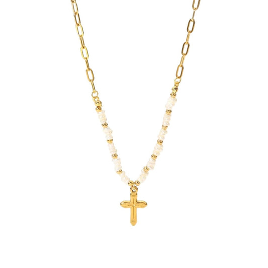 Collar Crucecita con Perlas y Dije de Cruz Dorado en Acero Inoxidable – Mujer | Vanytel - VANYTEL - Vanytel