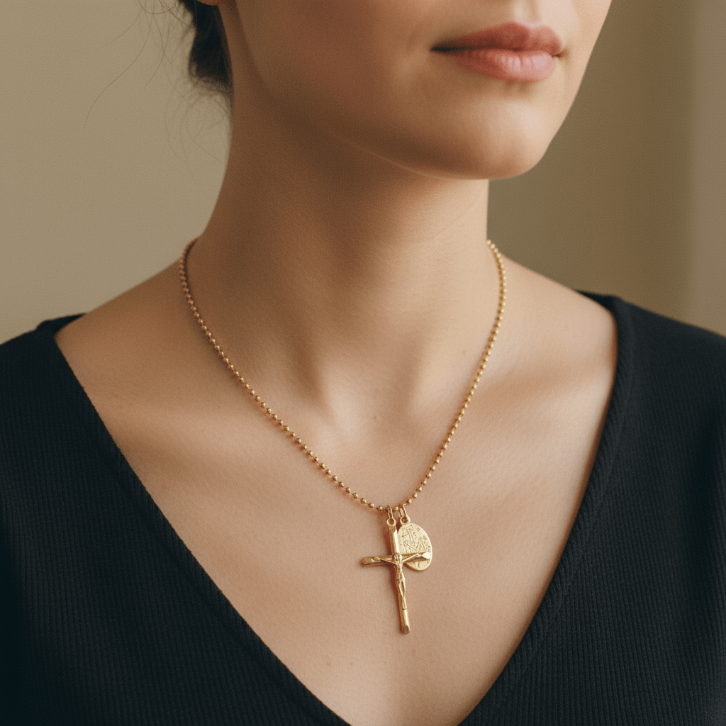 Collar Cruz Dorada con Medallita para Mujer en Acero Inoxidable | Vanytel - VANYTEL - Vanytel