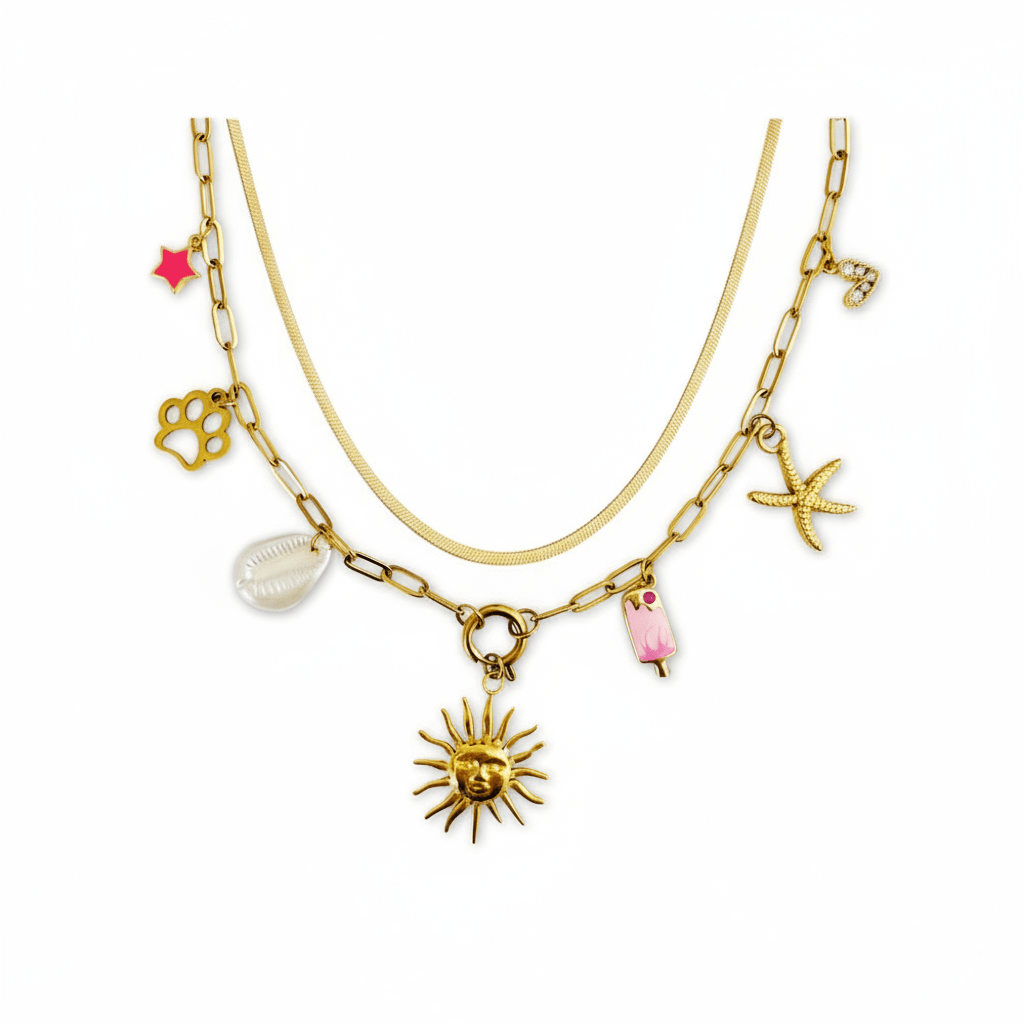 Collar Encantos con Doble Cadena y Charms Dorados para Mujer en Acero Inoxidable | Vanytel - VANYTEL - VANYTEL