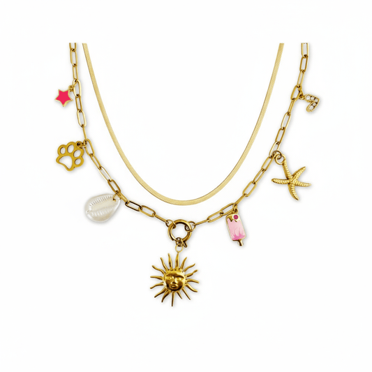 Collar Encantos con Doble Cadena y Charms Dorados para Mujer en Acero Inoxidable | Vanytel - VANYTEL - VANYTEL