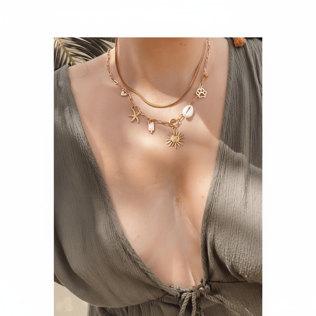 Collar Encantos con Doble Cadena y Charms Dorados para Mujer en Acero Inoxidable | Vanytel - VANYTEL - VANYTEL