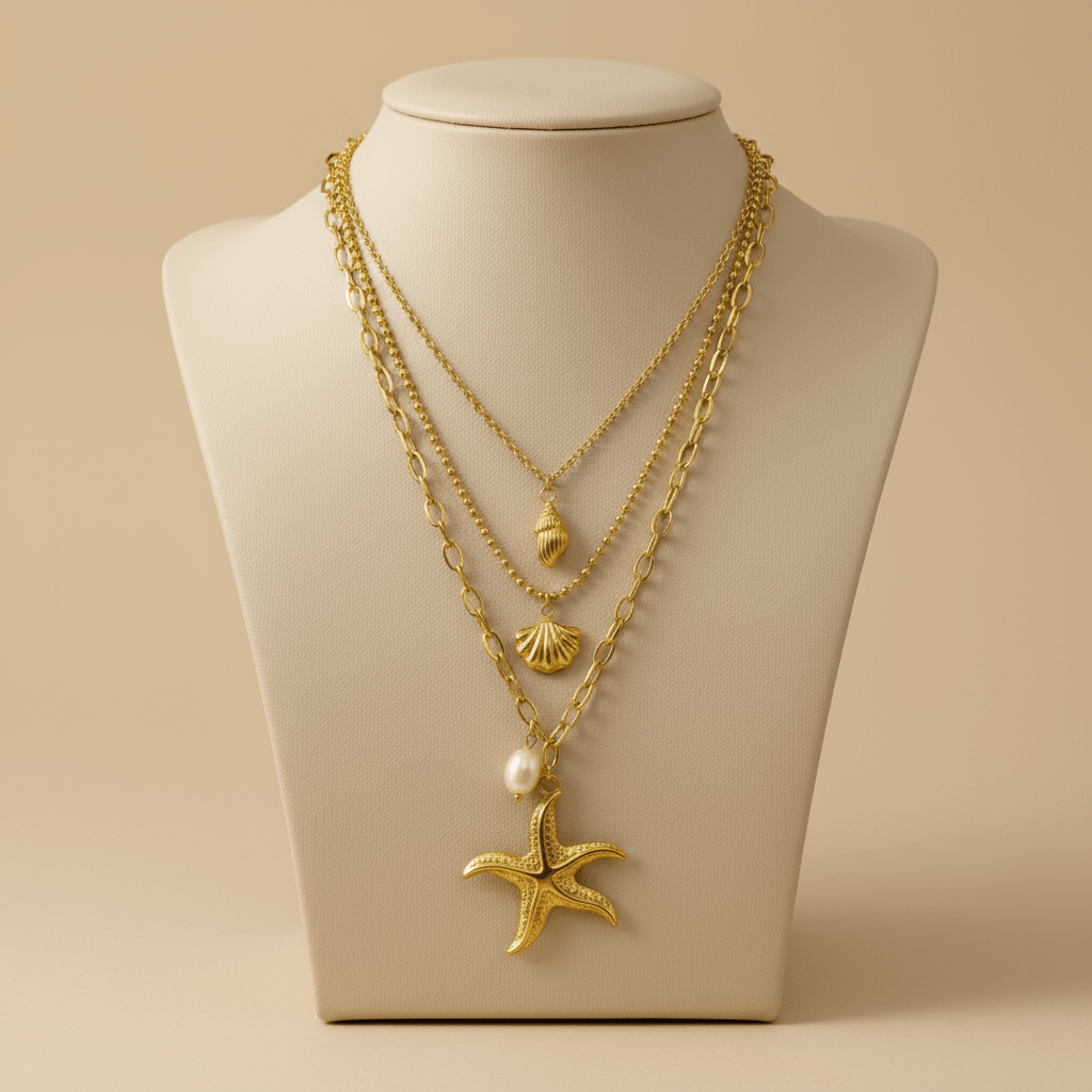 Collar Golden Mermaid de Tres Capas con Dijes Dorados para Mujer en Acero Inoxidable | Vanytel - VANYTEL - VANYTEL