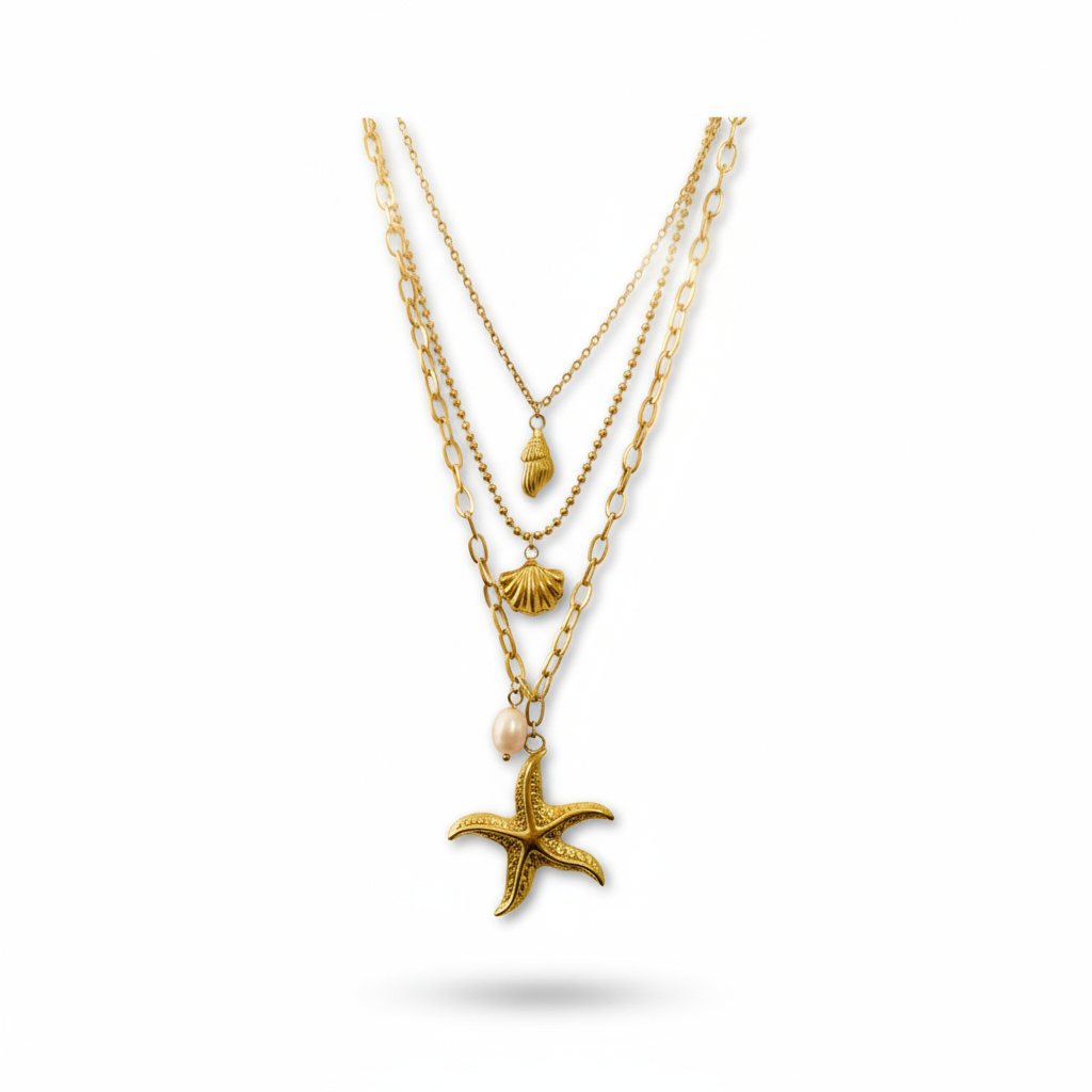 Collar Golden Mermaid Vanytel de tres capas con dijes dorados en acero inoxidable
