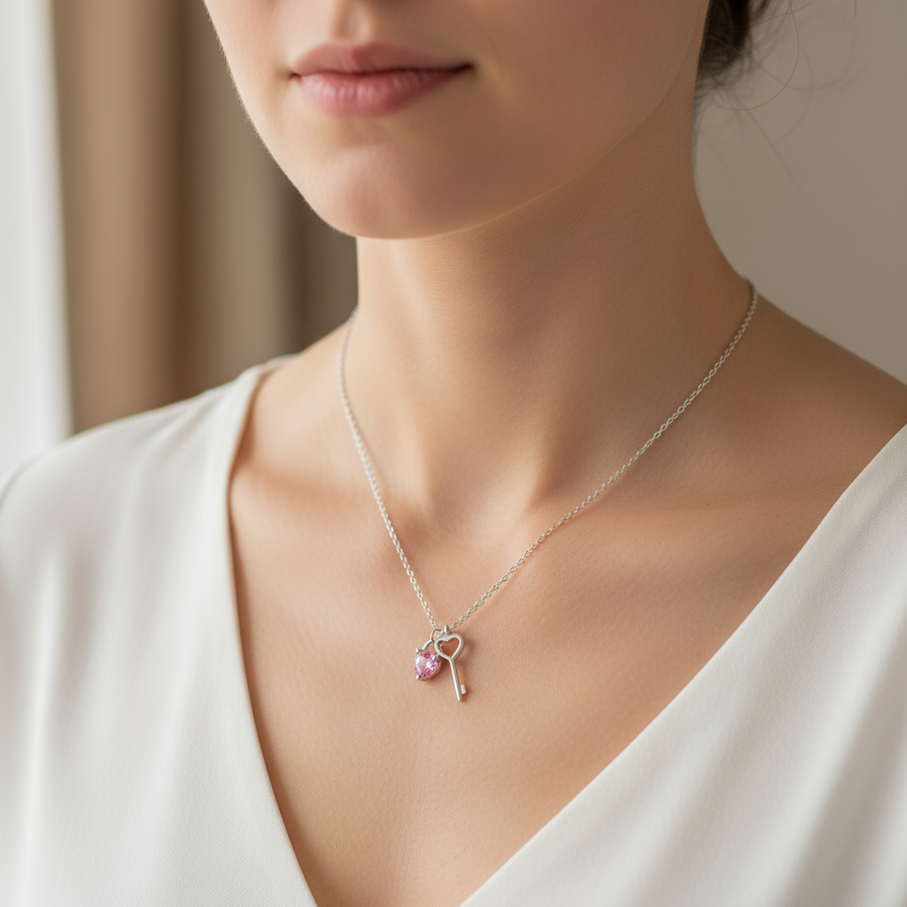 Modelo usando collar Key To My Heart en plata 925 con colgante de llave y corazón
