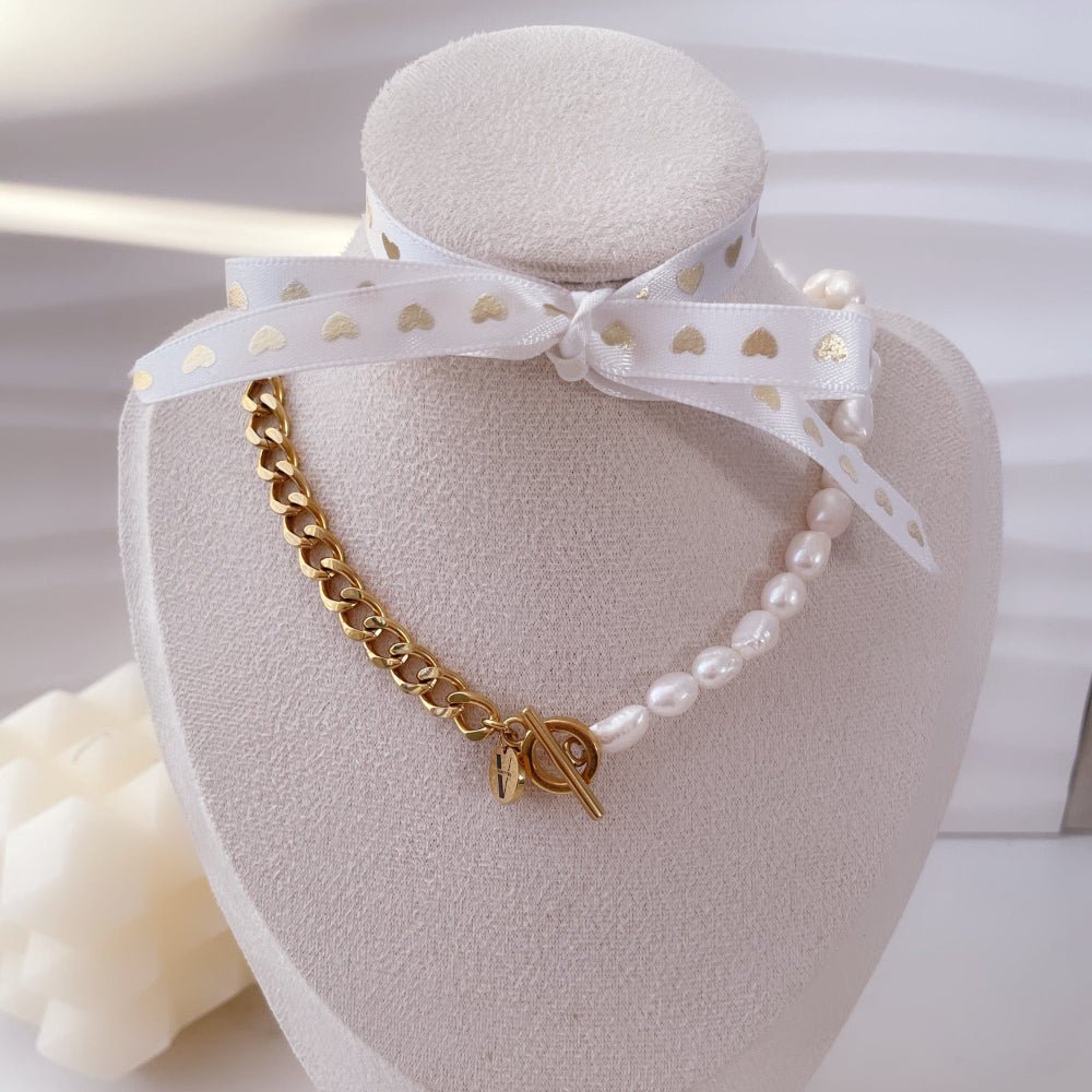 Collar Orly OT de Perla Natural y Cadena Cubana en Acero Inoxidable para Mujer | Vanytel - VANYTEL - Vanytel