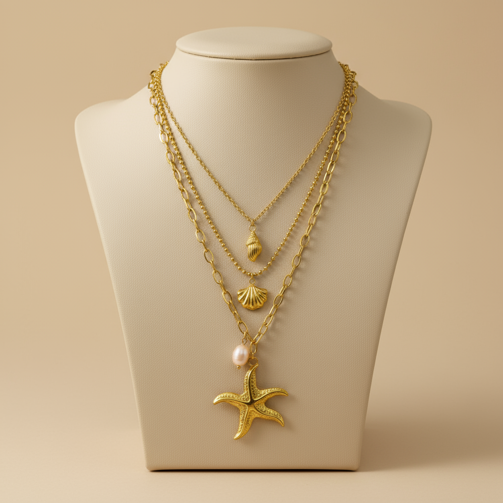 Detalle de los dijes marinos dorados del Collar Golden Mermaid Vanytel
