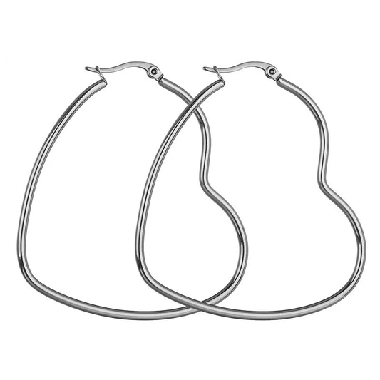 Aros hoop de corazones plateadas elaboradas en acero inoxidable, joyería Vanytel.