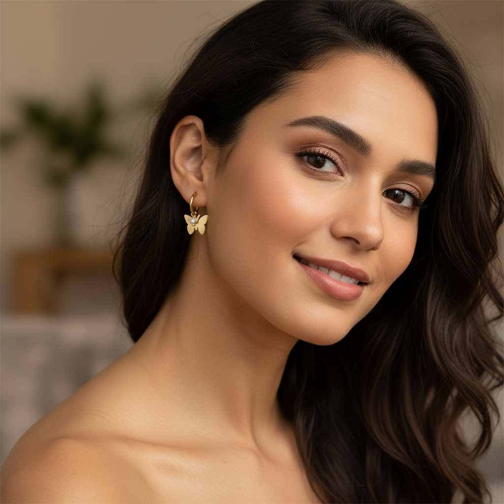 Aretes con Charm de Mariposa y Perala Dorados para Mujer en Acero Inoxidable | Vanytel