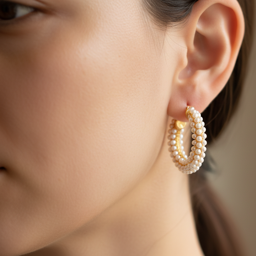 Ana Maria Hoops: gold-plated stainless steel pearl hoop earrings on a woman's ear.