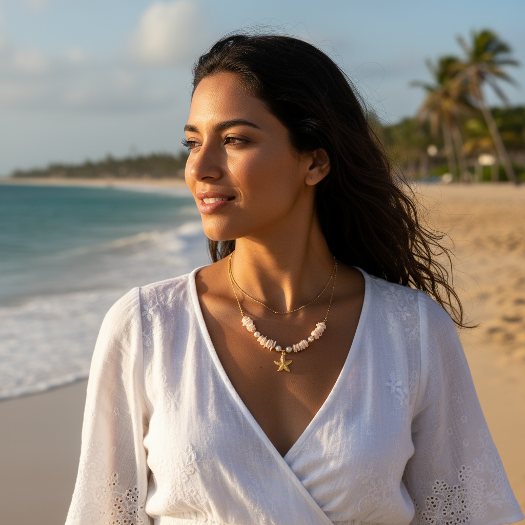 Collar Bora- Dorado y Rosado con Estrella de Mar para Mujer en Acero Inoxidable | Vanytel