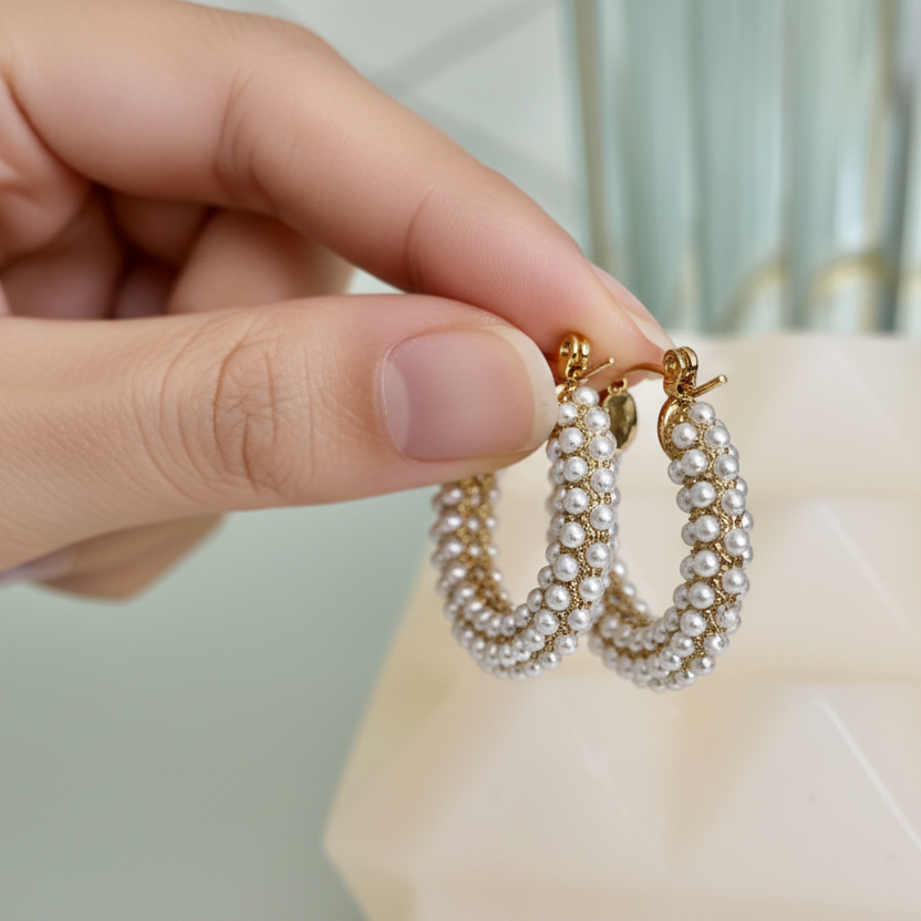 Ana Maria Hoops – Gold Stainless Steel Pearl Hoop Earrings | Vanytel