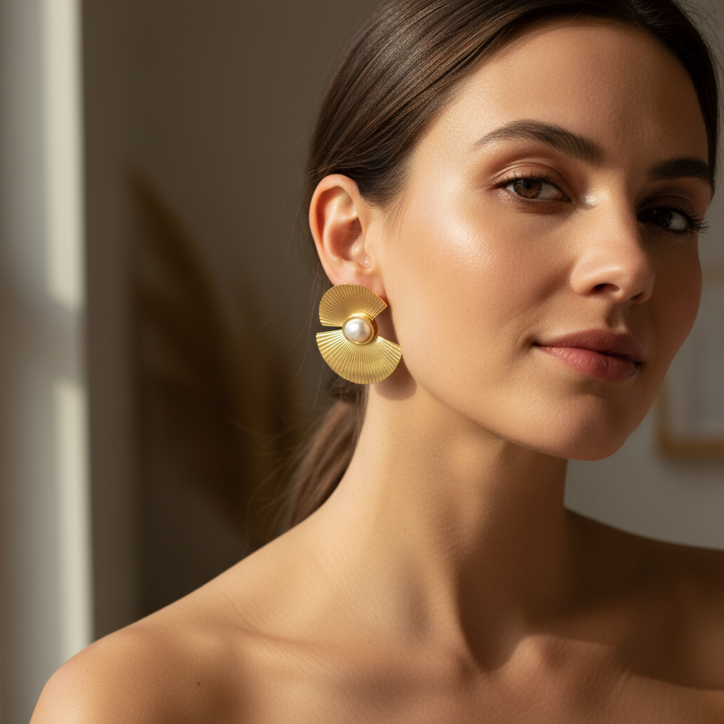 Aretes Cattleya Dorados con Perla para Mujer en Acero Inoxidable | Vanytel