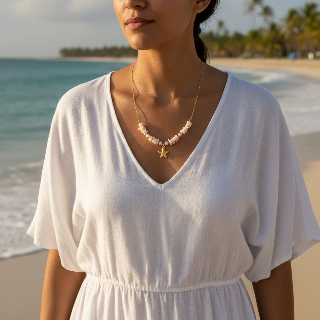 Collar Bora- Dorado y Rosado con Estrella de Mar para Mujer en Acero Inoxidable | Vanytel