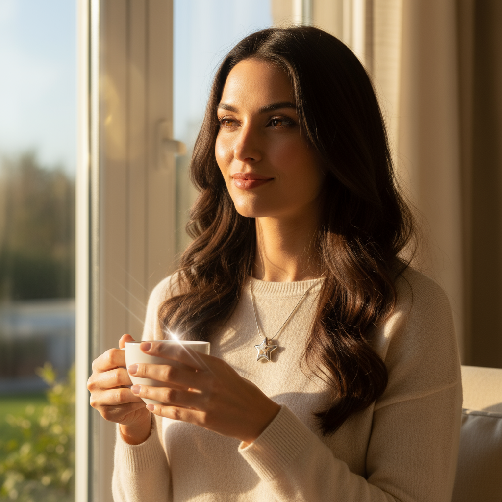 Modelo usando collar de estrella Vanytel, joyería brillante ideal para looks casuales o elegantes.
