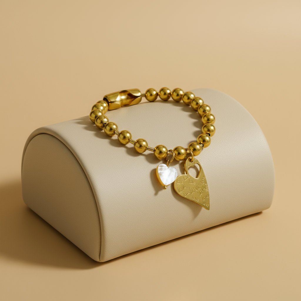 Detalle de la Pulsera Lovi Vanytel con dijes de corazón y cierre dorado
