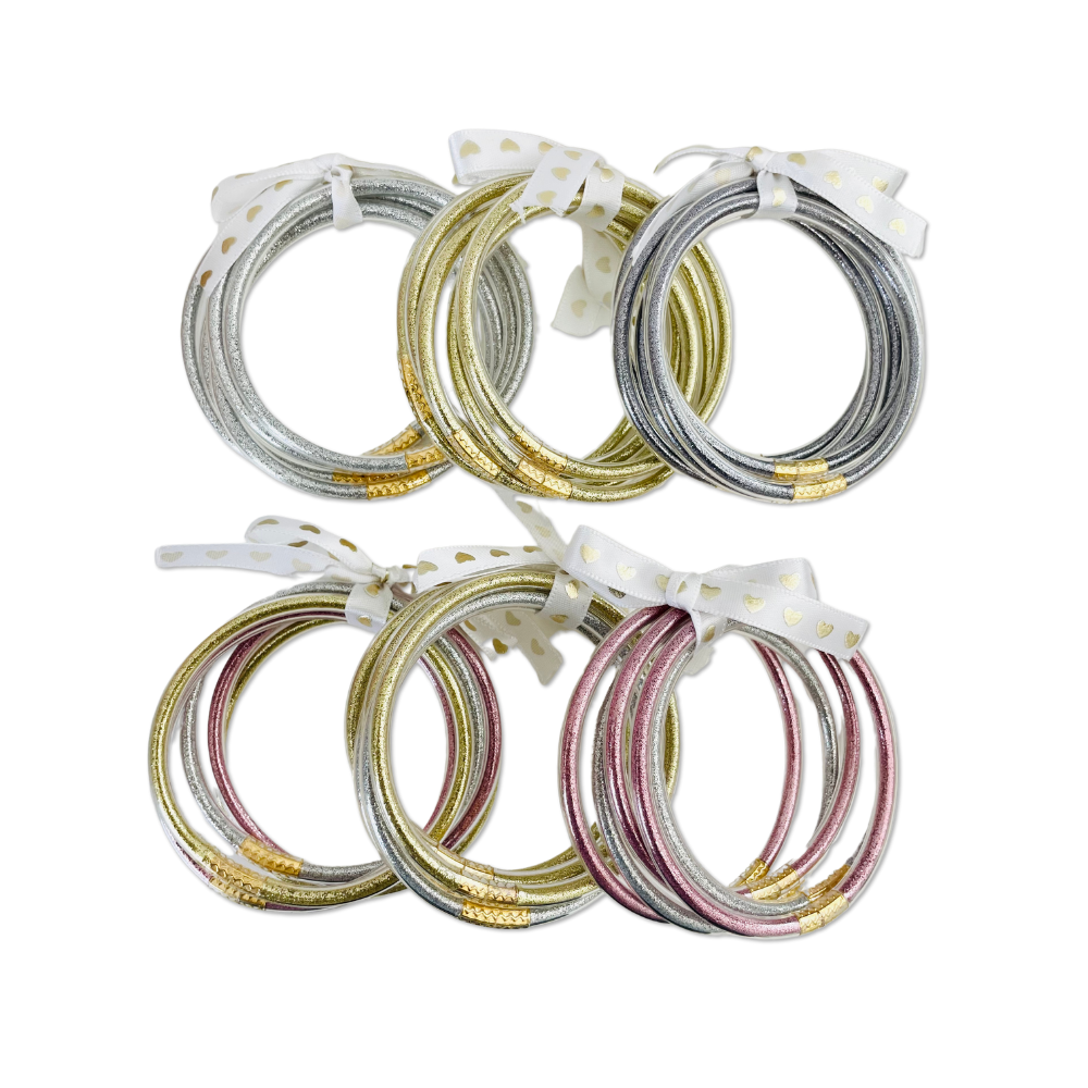 Pulseras Jelly Bangles Vanytel en colores metálicos dorado, plateado y rosado

