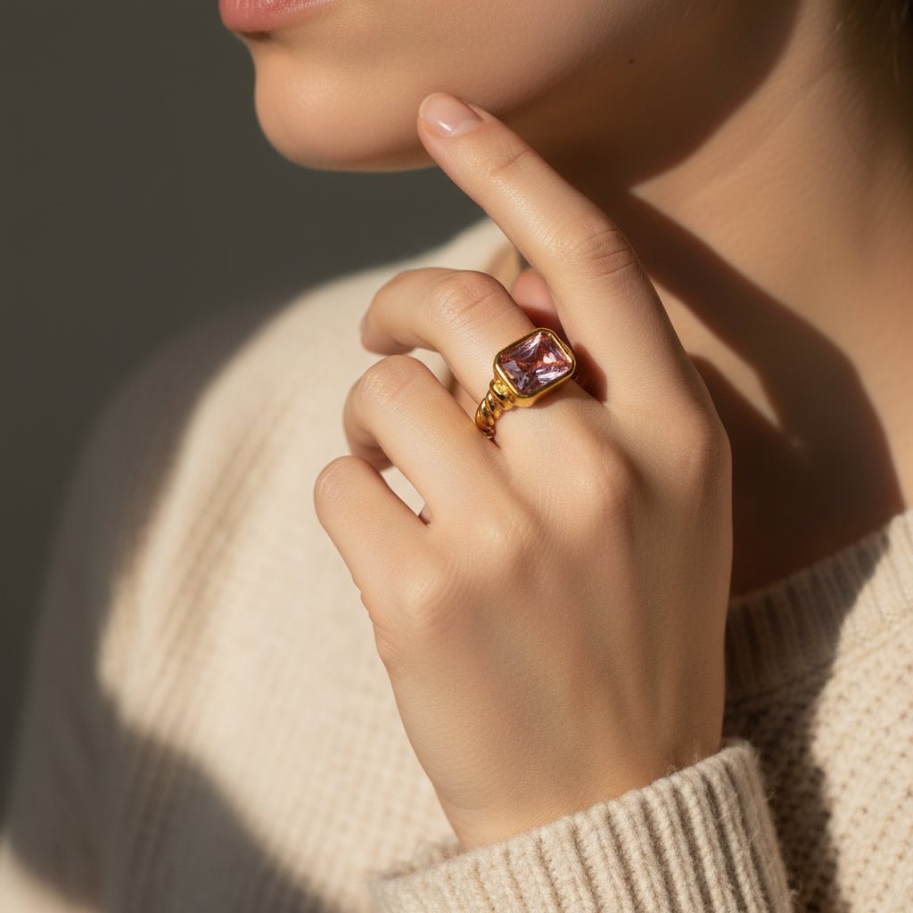 Tanisha Ring, Twisted Hoop with Zirconia, Golden Stainless Steel Women's Ring - VANYTEL - Vanytel